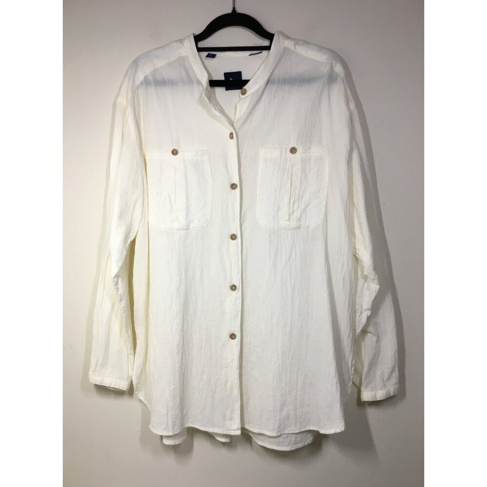 Lizsport Gauzy Button Up Top L Ivory Mandarin Collar Long Sleeve Beachy Bust 46"